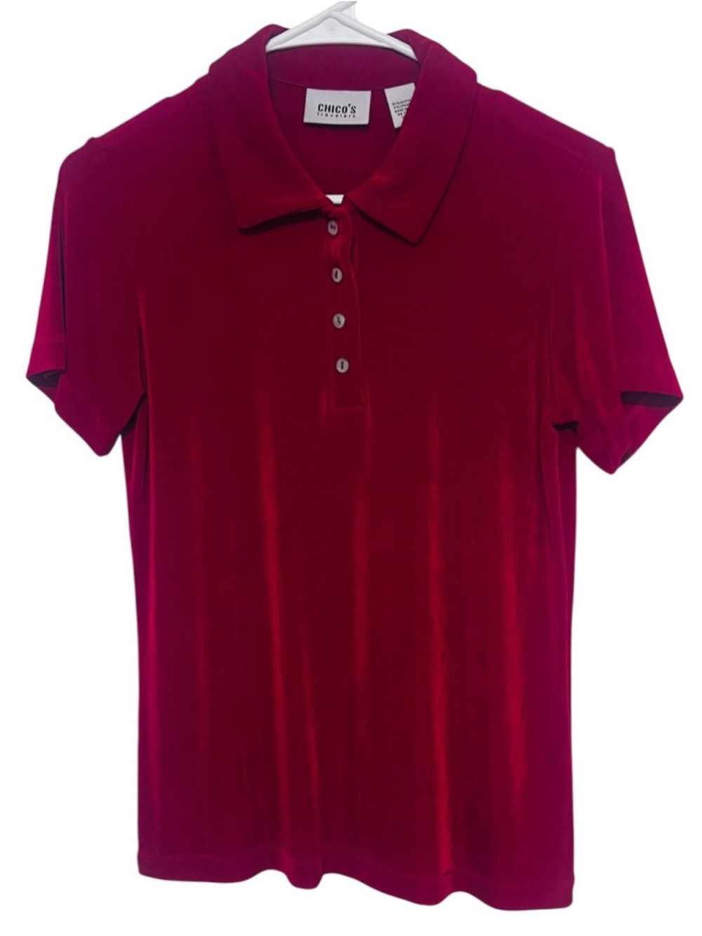 Chico’s Travelers Polo Shirt Small 0 Red Stretch Made In USA Liquid Knit Top